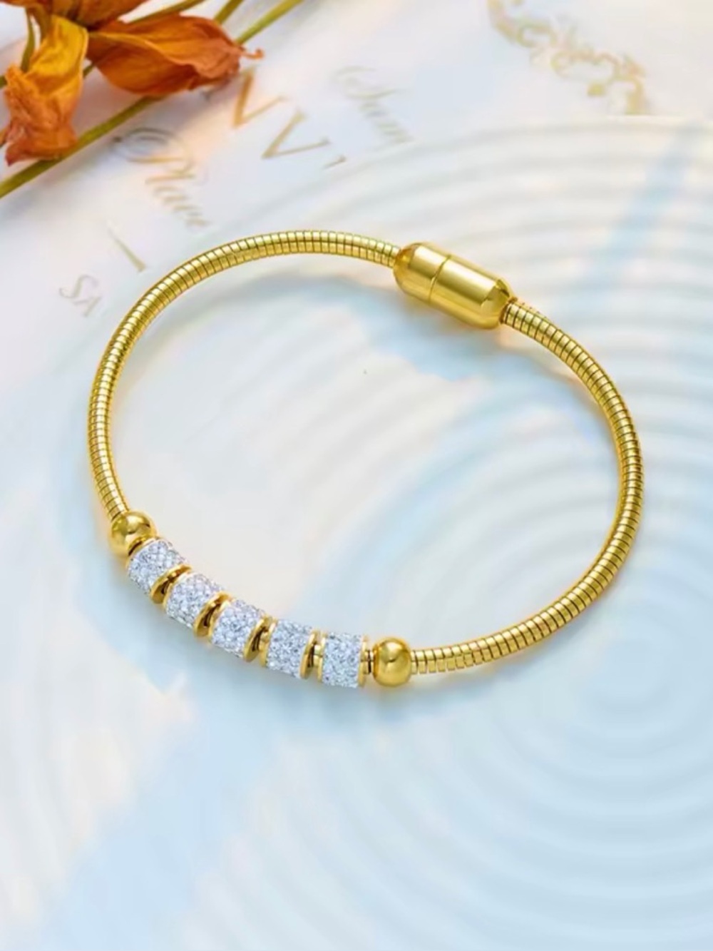 Gold Plated Bracelet with Pave Crystal Spacer Beads - Picture 5 of 6